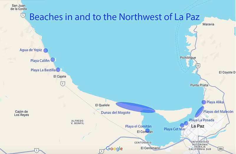 Map of the beaches in the city of La Paz as well as North and West of the city.
